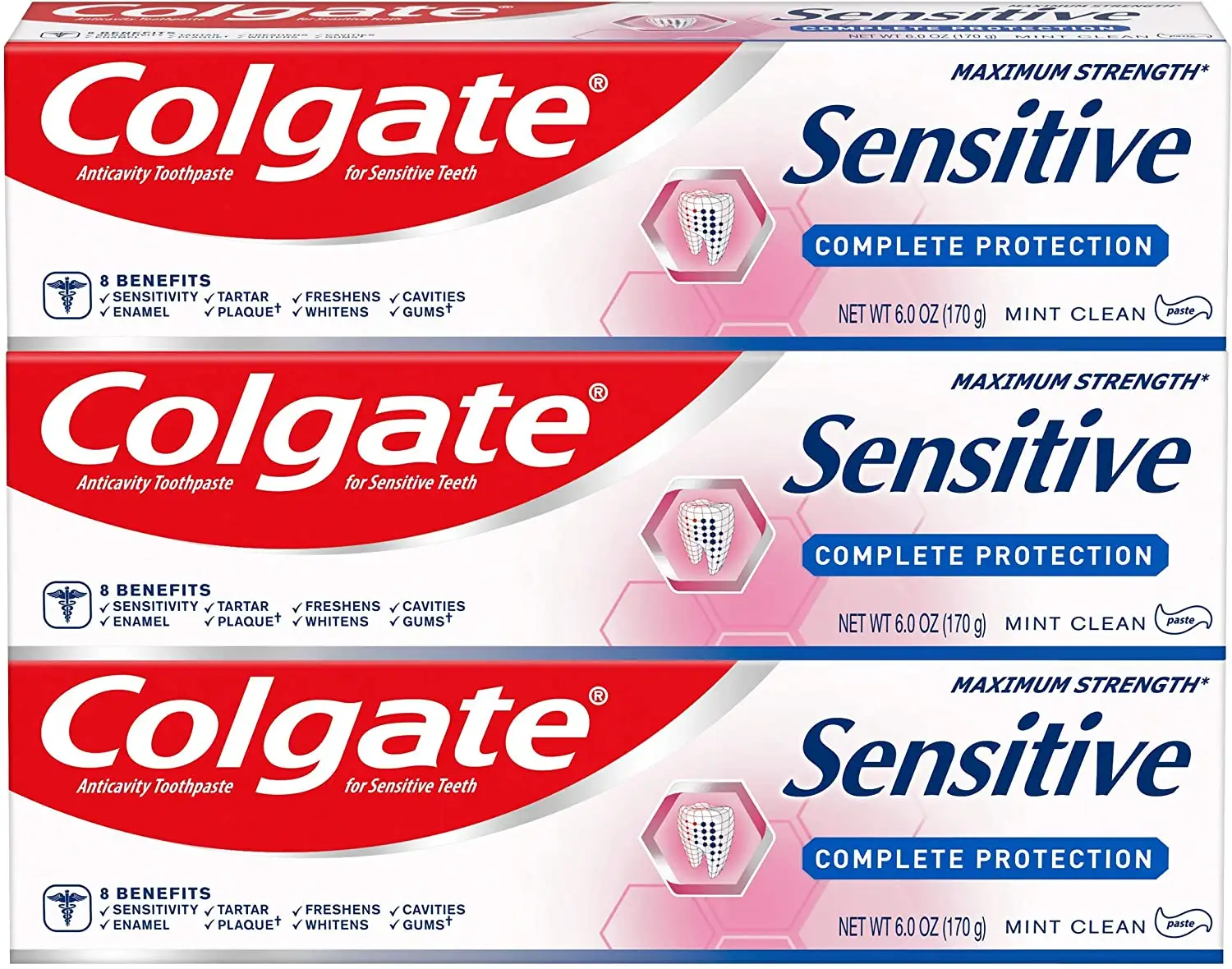 Colgate-pasta dental blanqueadora para los dientes sensibles, Gel de menta fresco, 6 Oz (paquete de 3), reparación de esmalte y protección de la cavidad