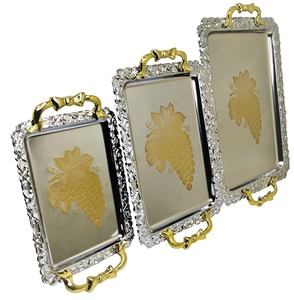 Juego de Bandejas de Servir Apilables de Acero Inoxidable Plateado y Dorado con Borde Repujado y Diseño de Uvas, Bandeja Decorativa para Té y Café para Bodas - Product Image 4