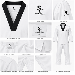 Dobok de Taekwondo Blanco con Logotipo Personalizado, Cuello en V Negro, Ligero, Duradero, Transpirable, de Algodón y Poliéster, Uniforme TKD Unisex para Adultos, OEM - Product Image 4
