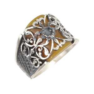 925 Sterling Silver Men's <b>Ring</b> with Yellow Pressed Amber Stone and Handcrafted Pen Design Bezel Setting Inlay Everyday Wear - Product Image 2