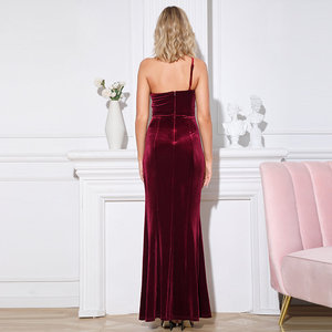 Robe de soirée longue élégante rouge asymétrique en velours pour femme, coupe fourreau sexy taille naturelle, ornée de sequins, idéale pour l'hiver (taille XS) - Product Image 4