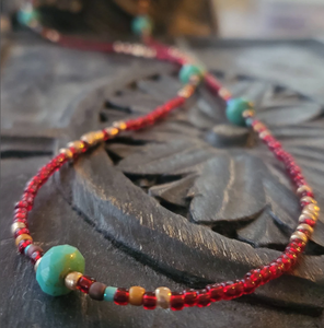 Roja Seed <b>Bead</b> Necklace, Bohemian <b>Beaded</b> Necklace, <b>Red</b> <b>Bead</b> Choker Fringe <b>Beaded</b> Bandana - Product Image 1