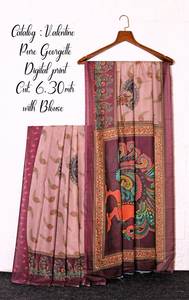 Saris en soie Georgette Pallu à impression numérique traditionnelle avec chemisier - Product Image 2