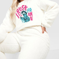 Ensemble 2 pièces en polaire blanc pour femme, haut court et pantalon de jogging, col rond, manches longues, coupe ample, décontracté, toutes saisons, motif imprimé lettres