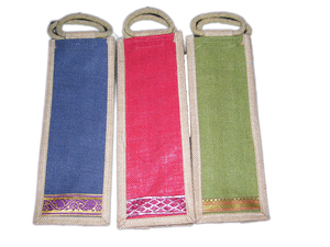 Reusable 2-6 Bottle Jute Fabric Wine Bottle <b>Bag</b> with Handle Geometric Pattern Medium Size ZARI Border-Lowellcraft - Product Image 4