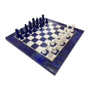 Jeu d'échecs en marbre lapis-lazuli fait à la main avec des pièces d'échecs en pierre bleue et blanche - Product Image 2