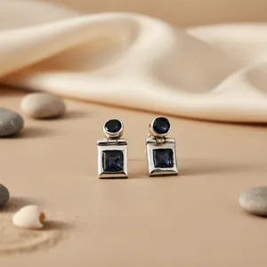 Women's Silver Plated <b>Sapphire</b> Stud <b>Earrings</b> Geometric Bezel Setting Classic Jewelry - Product Image 3