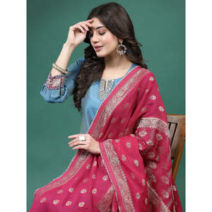 Women's Blue <b>Silk</b> Embroidery Anarkali <b>Kurta</b> Pant with Dupatta Indian Salwar Kameez Pakistani Style for Party Wear - Product Image 4