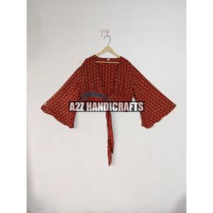 เสื้อครอปผ้าไหมแขนยาวทรงกระดิ่งทรงวีผูกลายดอกไม้องค์ประกอบแฟชั่นวินเทจสำหรับใส่ไปปาร์ตี้ฤดูร้อน - Product Image 2