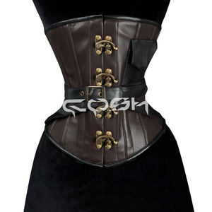 Corset Steampunk en cuir marron sous-poitrine avec fermoirs avant et poche latérale pour le modelage de la taille - Product Image 4