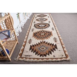 Tapis rustique en laine marron Beige 3.1 X 9.9ft Vintage turc plat tissage Patchwork motif pour salon couloir décorations Latex - Product Image 4