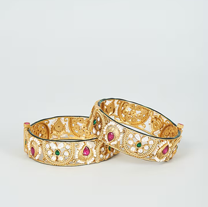 Los brazaletes de latón con motivos de elefante adornados, con esmalte colorido y piedras Kundan/rubí, están disponibles a precios de mayorista. - Product Image 6