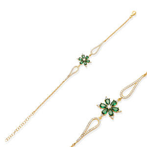 Pulsera con Dijes de Circonita Transparente con Diseño de Flor Esmeralda, Chapada en Oro, Joyería Turca Hecha a Mano al por Mayor, Plata de Ley 925 - Product Image 1