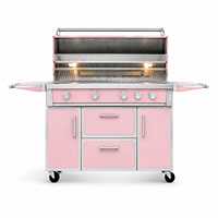 Barbecue à gaz rose en acier inoxydable, cuisinière d'extérieur à 5 brûleurs, chariot mobile avec étagères latérales et tiroirs de rangement