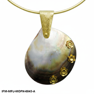 Mother of Pearl Shell Pendant <b>Necklace</b> Handcrafted <b>Gold</b> Torque <b>Choker</b> with Floral Accents Iridescent MOP Statement Jewelry - Product Image 4