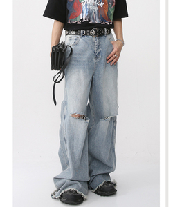 กางเกงยีนส์ขายาวสำหรับผู้ชายกางเกงยีนส์สไตล์เกาหลีแบบลำลองแนวสตรีททรงหลวมขาดคุณภาพสูง - Product Image 3