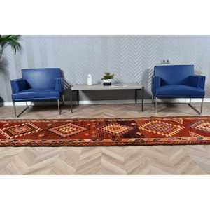 2.7x11.4 ft Vintage <b>Runner</b> Rug, <b>Red</b> Orange Turkish Camouflage Wool Rug - Product Image 4