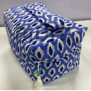 Custom Printed Eco-Friendly Indigo Ikat Cotton Quilted <b>Zipper</b> for <b>Bag</b> Front Handle Reusable Travel Grocery Cosmetic <b>Large</b> - Product Image 1