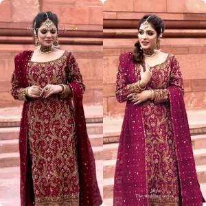 Dernières robes de mariée pakistanaises broderie indienne vêtements rouge longue fête de l'Aïd Salwar Kameez couture fiançailles tenues d'invité - Product Image 4