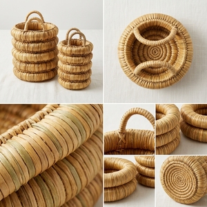 Natural Hand Woven Water Hyacinth <b>Storage</b> <b>Basket</b> Set <b>Stacked</b> Donut Ring Coiled Tier Arch Handle Planter Setup Decor Pure Art - Product Image 2