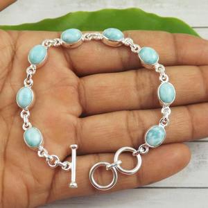Larimar Gemstone Engagement Gift <b>Solid</b> 925 Sterling <b>Silver</b> Handmade Tennis <b>Bracelet</b> Jewelry for Party Occasions - Product Image 2