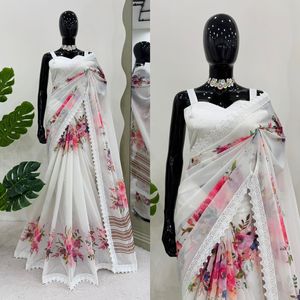 Designer Silk Sari in Faux Georgette with Digital Print & Fancy Lace Blouse Beautiful Traditional Style for Summer Parties - Product Image 2