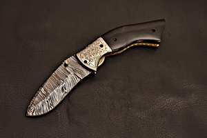 Cuchillo de bolsillo plegable hecho a mano de acero de Damasco, mango de cuerno, cuchillo utilitario Industrial forjado a mano, regalo personalizable OEM DIY para él - Product Image 3