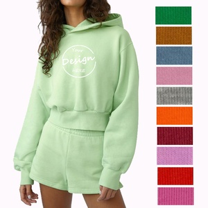 Conjunto de Dos Piezas para Mujer, Sudadera Corta con Capucha y Pantalones Cortos, Ropa Deportiva Informal de Felpa, Corte Holgado - Product Image 1