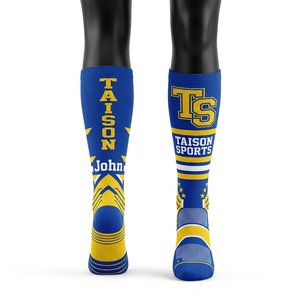 Premium Quality Stretchable Polyester Spandex Women Cheerleading <b>Socks</b> Blue <b>Yellow</b> Pattern Panels Custom Knitted Logo <b>men</b> <b>socks</b> - Product Image 1