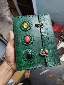 custom made in bottle green <b>coloured</b> embossed leather journals with four multi <b>coloured</b> agate <b>stone</b> made with handmade paper. - Product Image 6