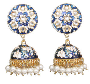 Boucles d'oreilles Jhumka traditionnelles faites à la main, fusion ethnique, perles, cristaux, strass, forme de fleur, alliage plaqué cuivre antique - Product Image 1