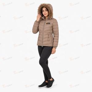 Veste matelassée pour femme Tiierwear, beige, capuche en fourrure amovible, fermeture éclair coupe-vent, manteau chaud d'hiver pour femme - Product Image 4