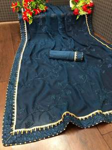 Georgette-saree-blusa bordada con encaje para mujer, blusa de Color liso para correr, ropa informal para fiesta, Saree - Product Image 4