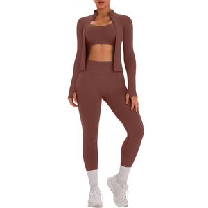 <b>Women</b> 3 Piece Yoga Set Scoop Neck <b>Crop</b> Top High Waist Full Length <b>Leggings</b> Seamless Spandex Polyester Solid Color - Product Image 1