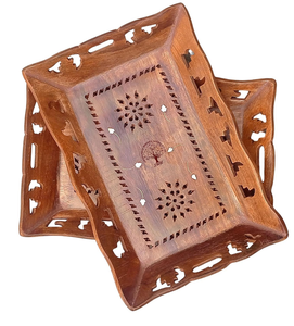 Premium Sheesham Wood Serving Tray Set de dos elegantes bandejas de madera de 15x10 y 13x9 para aperitivos, tazas, vasos y más de la India - Product Image 1