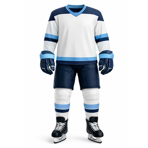 Uniforme de hockey sur glace bleu marine et bleu clair le plus populaire - Concevez votre propre logo Vêtements de sport Jersey de hockey à col en V rayé pour hommes - Product Image 1