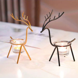 Porte-bougie en verre et métal unique de style nordique avec motif de renne, doré et noir, centre de table de Noël, décorations pour la maison, vente en gros en usine - Product Image 1