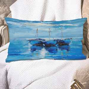 Coussin imprimé moderne avec bateaux et paysage marin abstrait bleu, 20"x36" ou 50x90 cm - Product Image 4