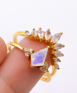 Gold Plated Rainbow Moonstone <b>Ring</b> With Cubic Zirconia Sunburst <b>Statement</b> <b>Ring</b> Marquise CZ Cocktail <b>Ring</b> Gift - Product Image 4