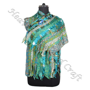Seda reciclada Sari 15 tiras diseñador bufandas hechas a mano estola chales SC671 seda fina al por mayor reciclado Vintage Sari bufanda femenina - Product Image 6