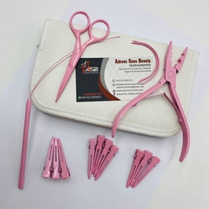 ชุดเครื่องมือคีมต่อผมสแตนเลสคุณภาพสูงชุดอุปกรณ์คีมตัดโลโก้และคลิปห่วงแบบสั่งทำสีชมพูอ่อน - Product Image 5