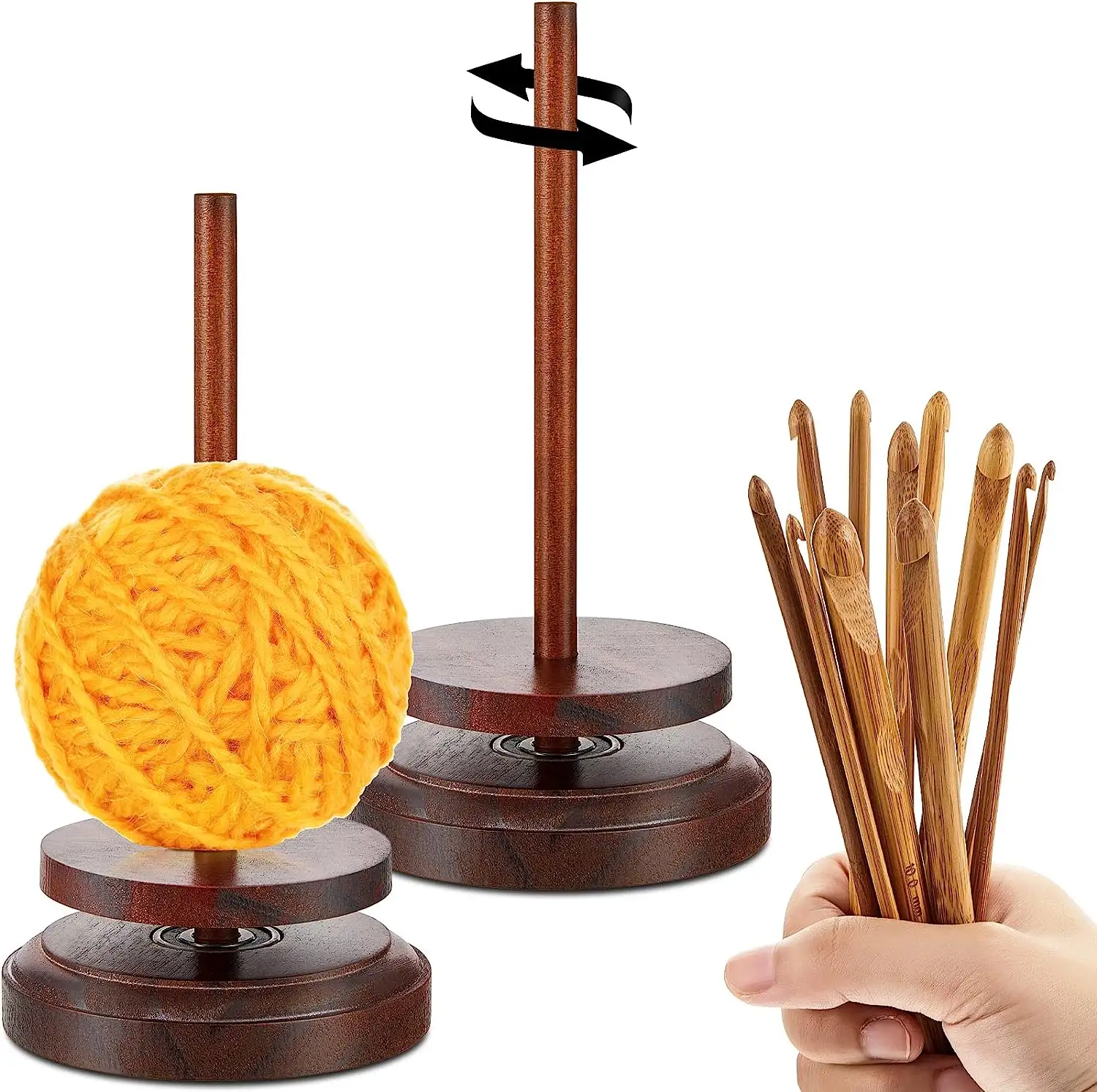 Supporto per filato di legno da 2 pezzi con 12 ganci per uncinetto in bambù supporto per filato in legno con meccanismo Twirling filato rotante in legno all'uncinetto