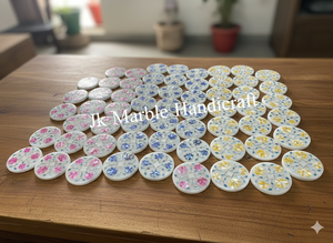 ชุดจานรองแก้วชาทำมือ ขัดเงา ลายดอกไม้สีเหลืองธรรมชาติ สไตล์ศาสนา งานฝีมือหินอ่อนฝังลายคุณภาพสูง สวยงาม - Product Image 2