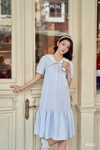 V1262 Robe de maternité en queue de poisson à carreaux bleus anti-rétrécissement absorbant la sueur pour un usage quotidien Excellente absorption - Product Image 3