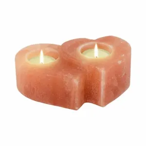 Lampe de sel de l'Himalaya en forme de double cœur sculpté en matériau organique rose, porte-bougie chauffe-plat à deux trous, vente en gros - Product Image 2
