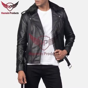 Chaqueta de Motero de Cuero Negra para Hombre con Cuello de Borrego, Piel de Cordero Genuina, Abrigo de Invierno Ajustado a la Moda - Product Image 4