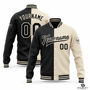 Chaqueta Varsity SINEWY SPORTS para Hombre, Negra y Crema, Dos Tonos, Nombre y Número Personalizados, Estilo Preppy, Cierre de Botones, para Otoño - Product Image 1