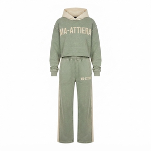 Custom <b>Women</b> Sage Green Acid Wash Cropped Hoodie Wide Leg <b>Jogger</b> Set Cotton <b>Fleece</b> Streetwear Tracksuit OEM - Product Image 4