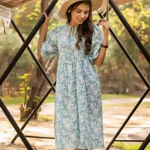 ชุดเดรสผ้าฝ้ายบล๊อกมือสไตล์อินเดียชุดเดรสผ้าฝ้ายแท้สำหรับผู้หญิงชุดเดรสพิมพ์ลายดอกไม้มีสไตล์สำหรับฤดูร้อนชุดของขวัญตามสั่ง - Product Image 1