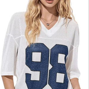 Mode Streetwear Hip-hop Jersey classique numéro T-shirt femmes 2025 nouveauté femmes paillettes col en V croix haut chemise - Product Image 1